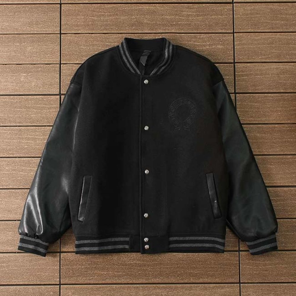 Chrome Hearts Black Leather Logo Baseball Jackets